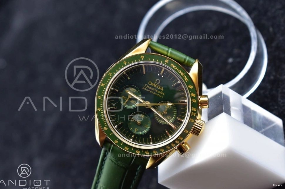 Green Manual in Dial Speedmaster RMF Green on Edition Moonwatch Leather Strap Best YG Gold Chrono Moonshine 1225